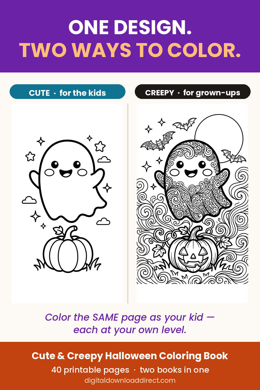 One design, two ways to color — the same ghost as a simple cute kids coloring page and an intricate adult coloring page from the Cute & Creepy Halloween coloring book